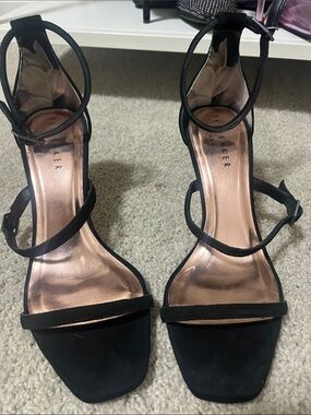 Ted Baker Black Suede Strappy Ankle-Heel Sandals with Rose Gold Insole